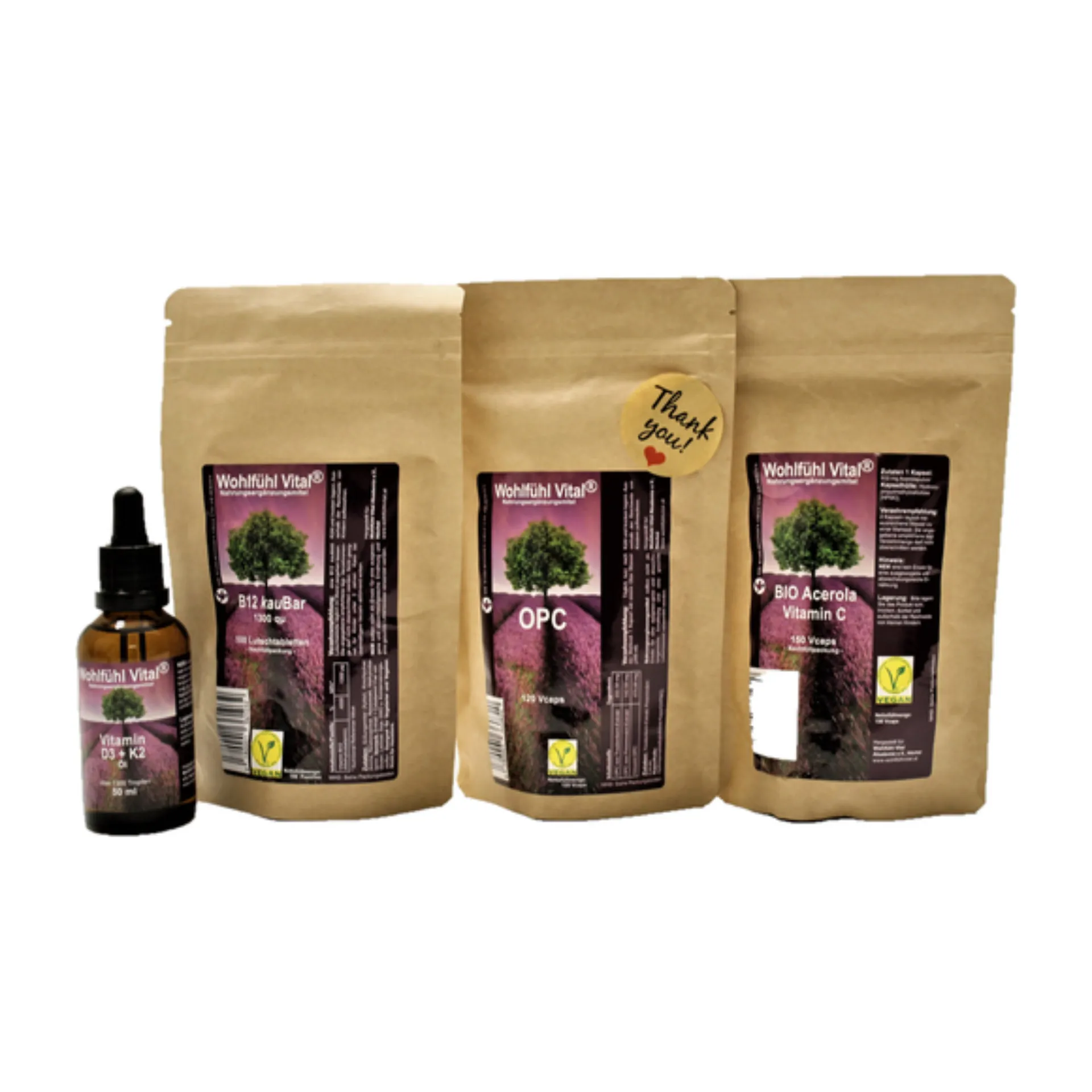 Starter Set: 1x Opc 120, 1x D3/K2 Öl , 1x Acerola Nachfüllp., 1x B12 Nachfüllp.