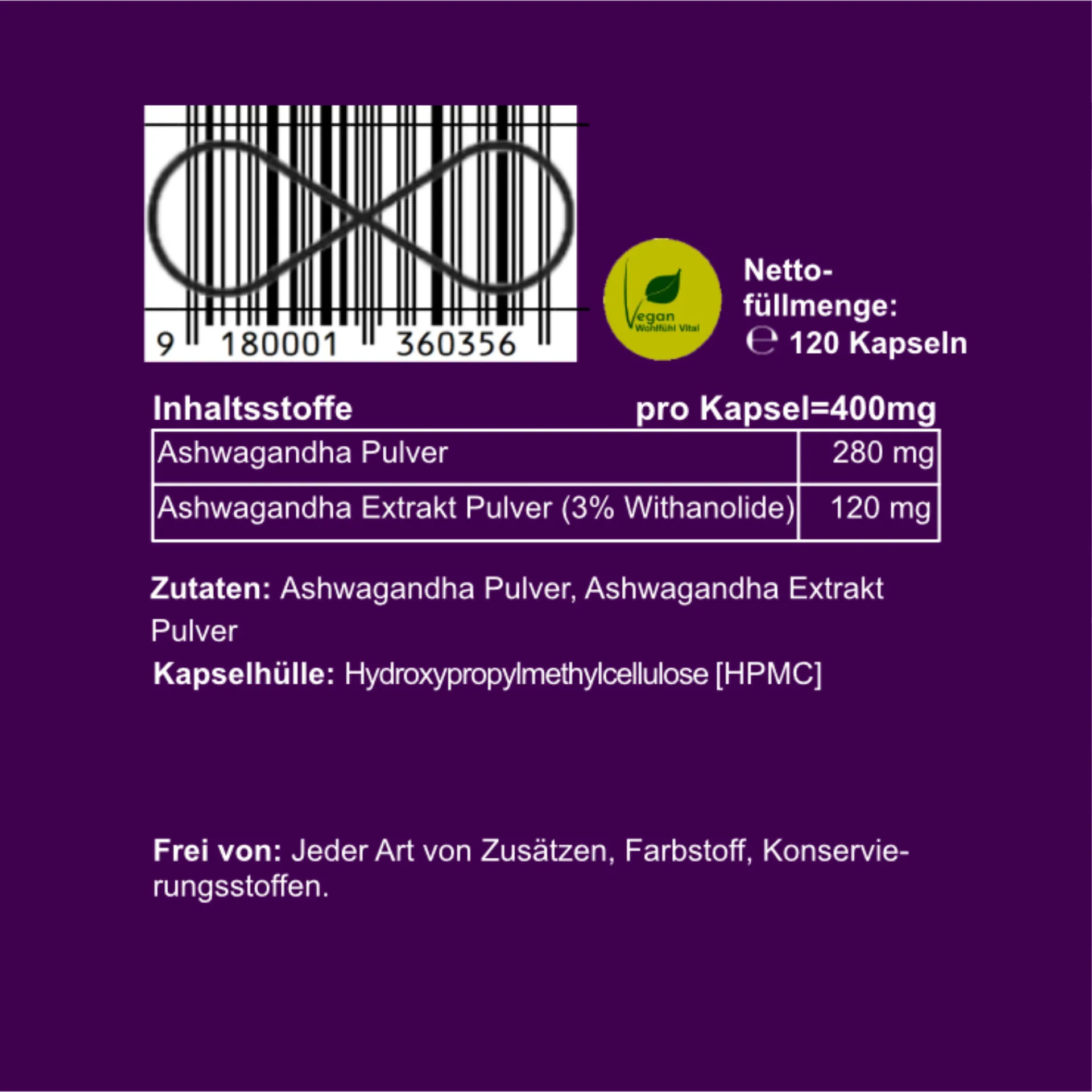 Ashwagandha, 120 Kapseln im Glas, von Wohlfühl Vital®