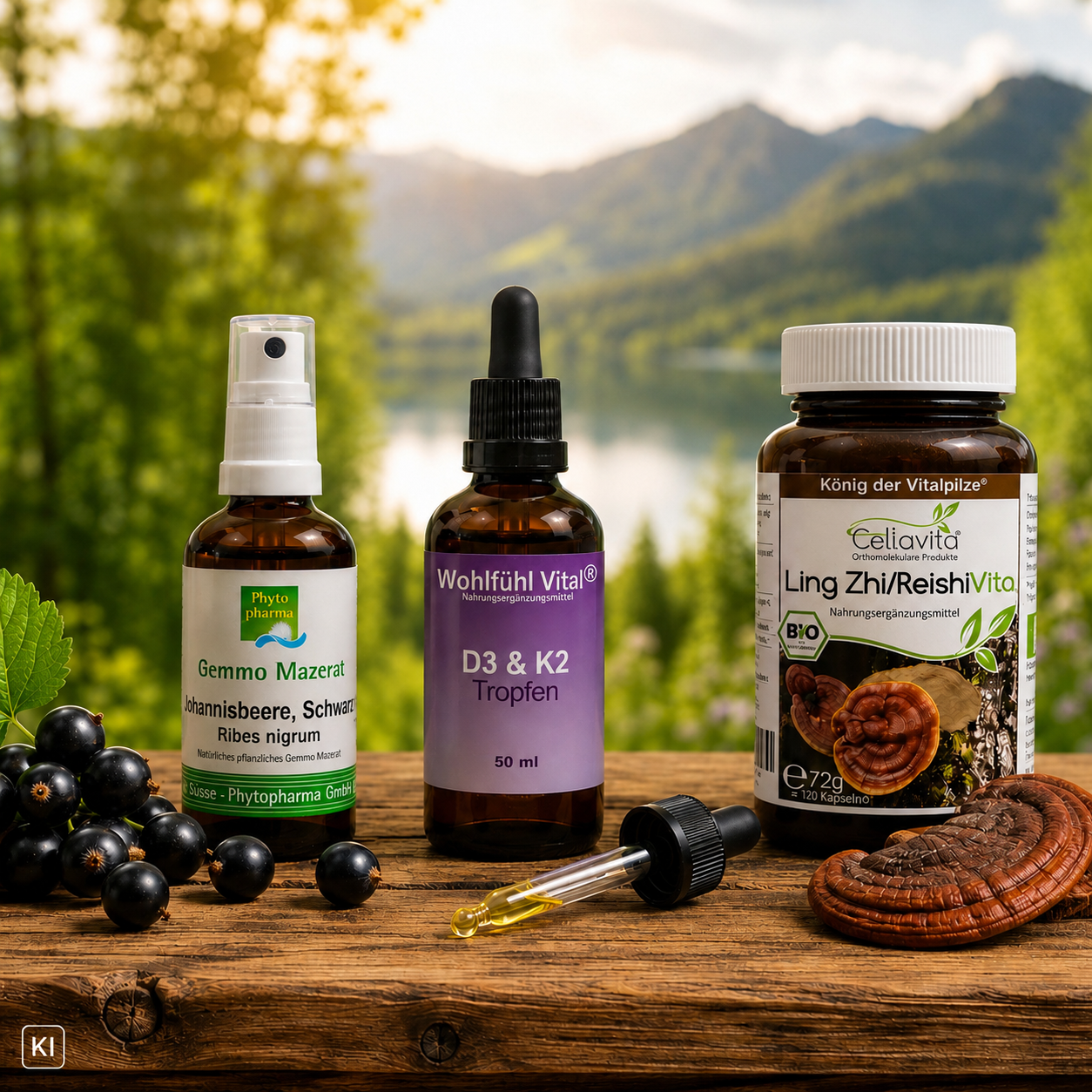Aktion Heuschnupfen Zeit: Ling Zhi/Reishi 120K, schwarzer Johannisbeer Spray 50ml, D3/K2 Tropfen 50ml, anstatt € 97,50 nur € 89,00 Aktion Heuschnupfen Zeit | Reishi, Schwarze Johannisbeere & D3/K2, Wohlfühl Vital®