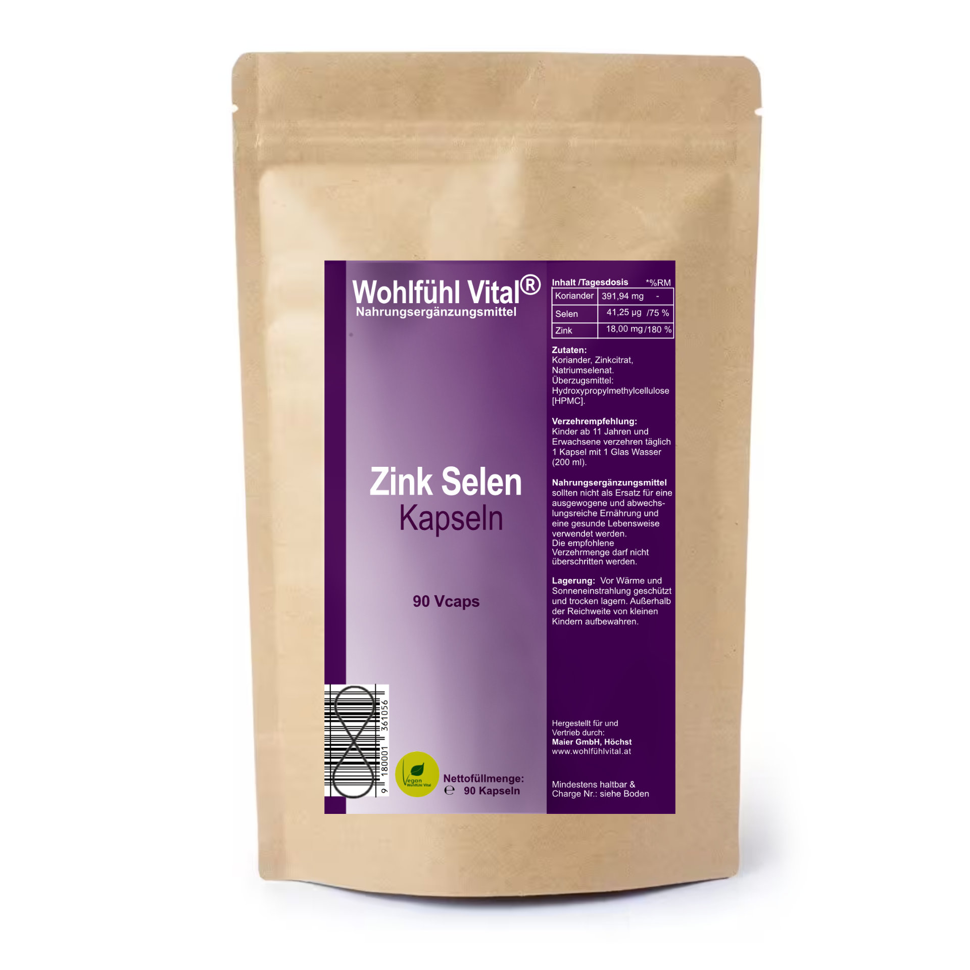 Zink Selen, 90 vegane Kapseln, Nachfüllpackung, von Wohlfühl Vital®