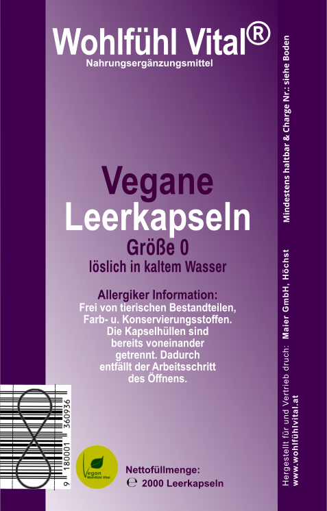 Vegane Leerkapseln, Größe 0, 100% Vegan, 2.000 Stück, von Wohlfühl Vital®