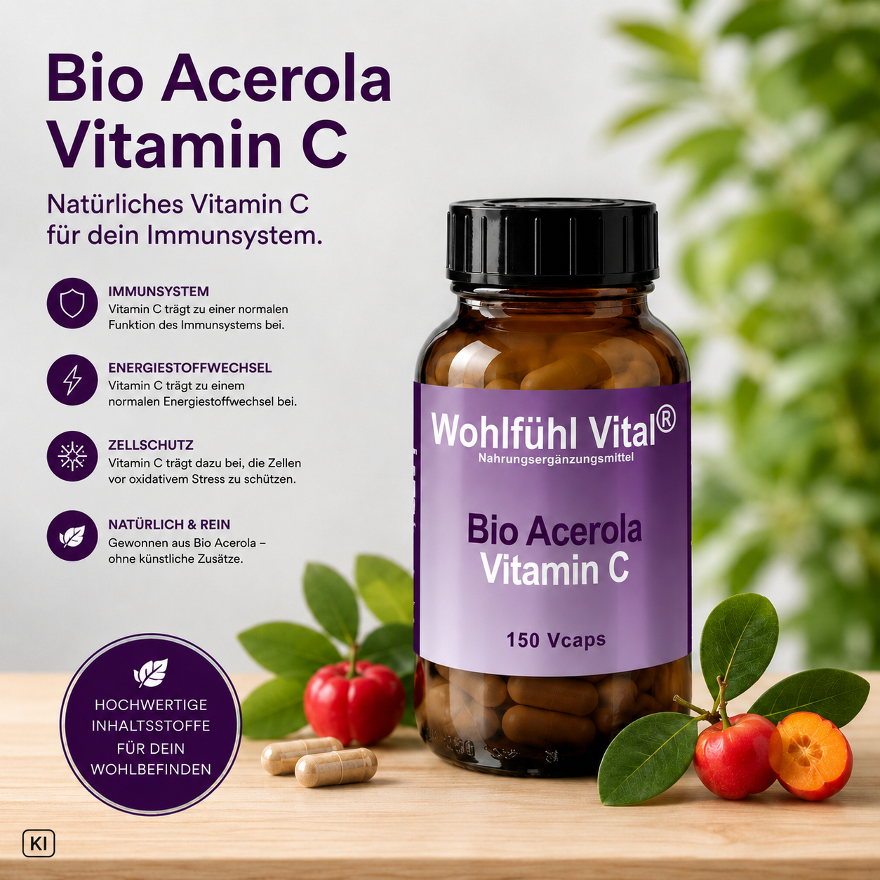 Acerola BIO Vitamin C 500 mg, 150 Kapseln im Glas, von Wohlfühl Vital®