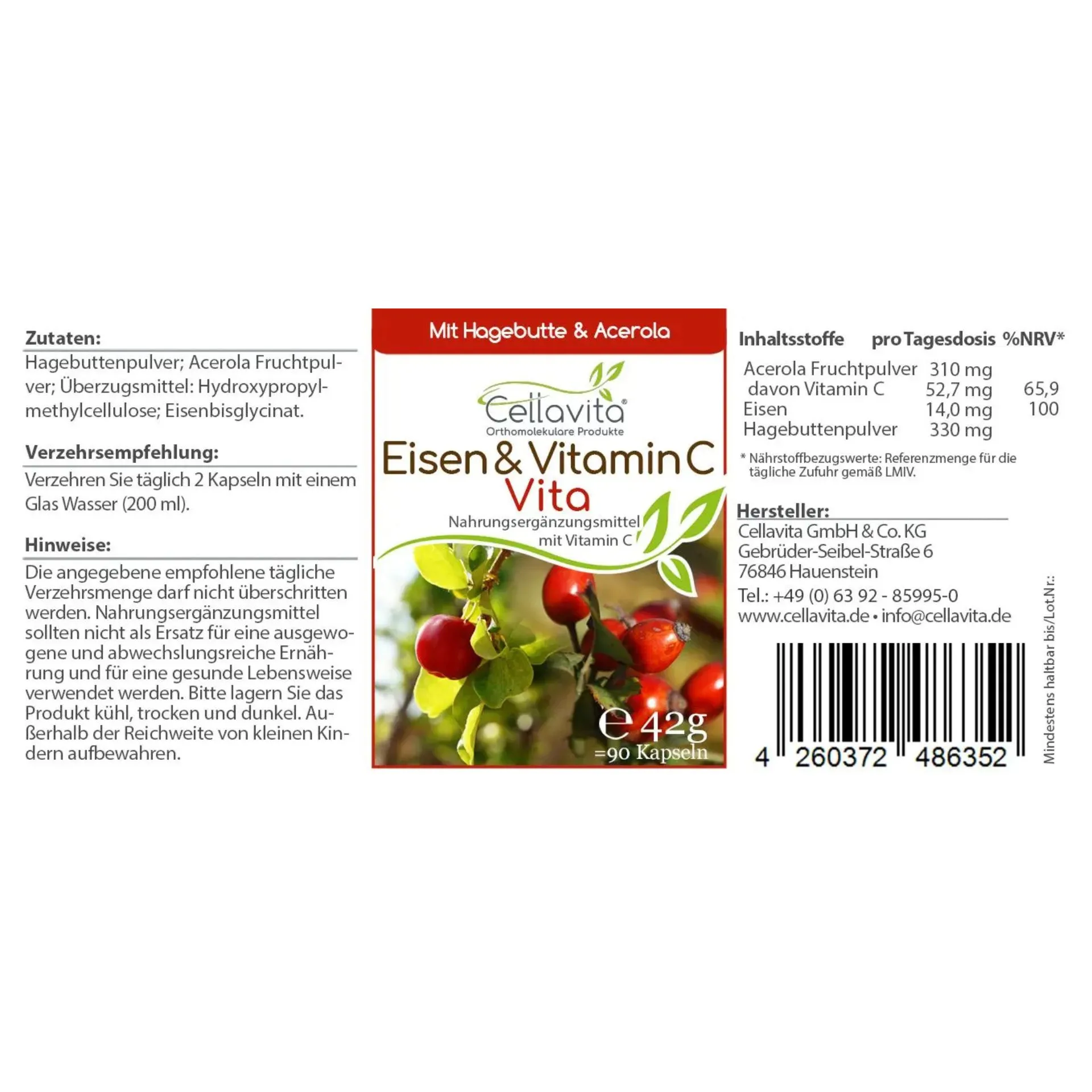 Eisen & Vitamin C Vita, 90 Kapseln im Glas, von Cellavita