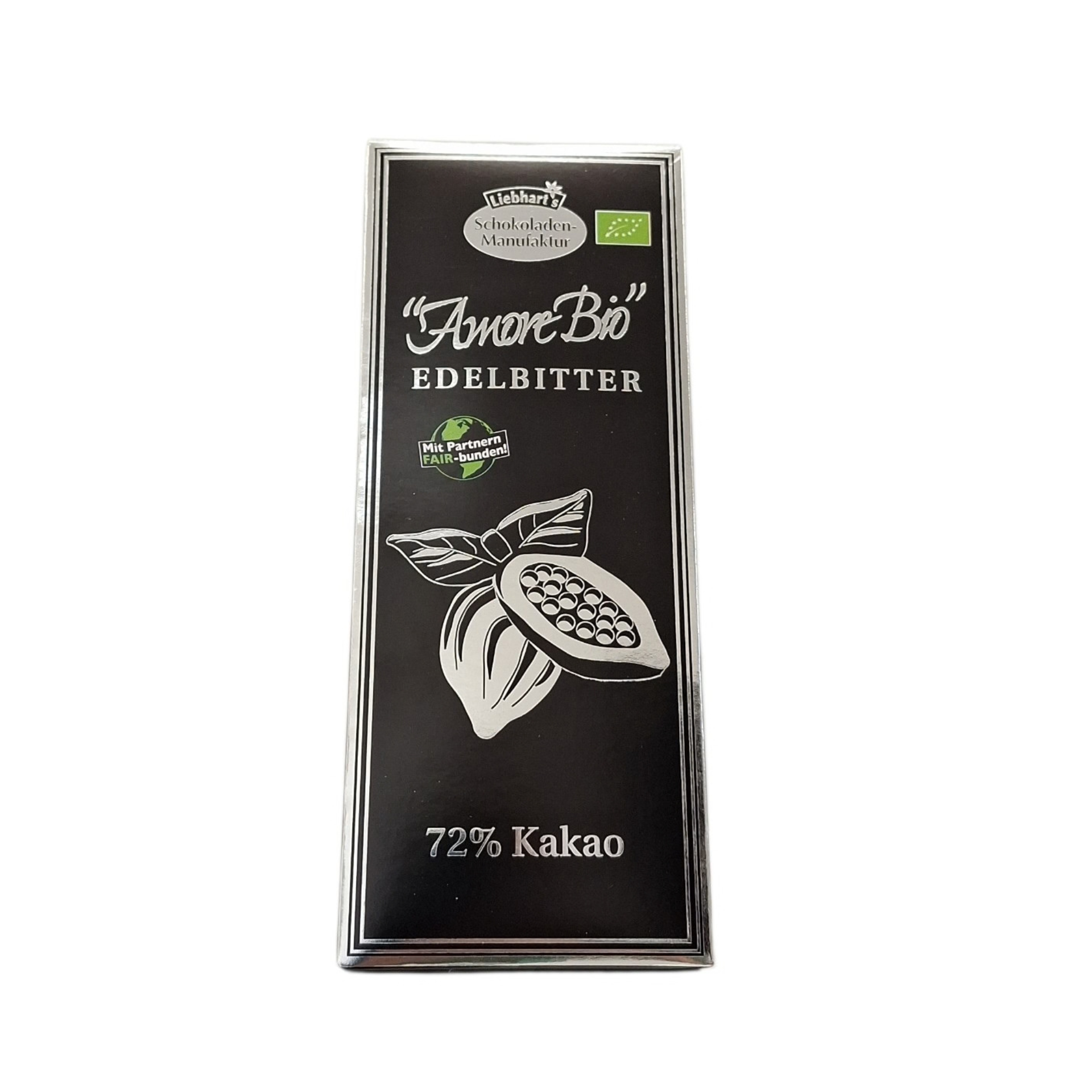Edelbitter Schokolade "Amore Bio", 72% Kakao, 100 g, von Liebhart's
