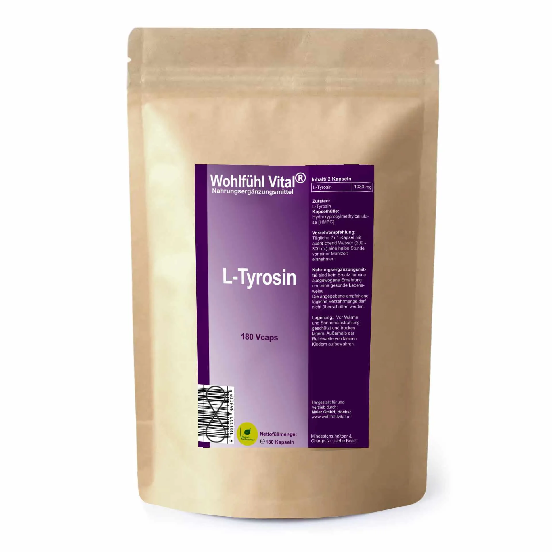 L-Tyrosin, 180 vegane Kapseln, von Wohlfühl Vital®