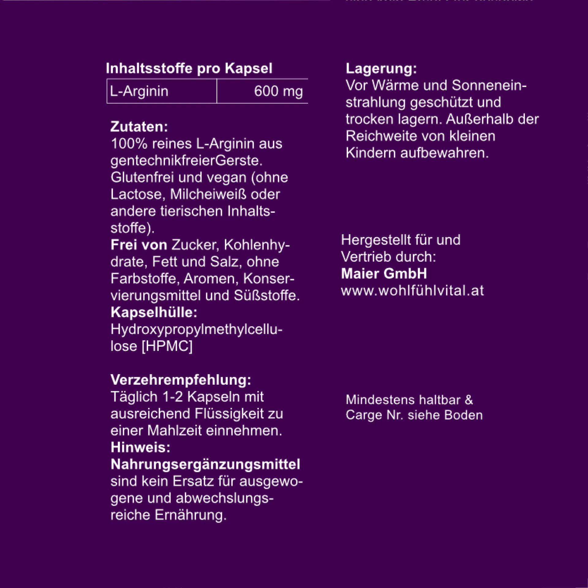 L-Arginin 600 mg, 180 Kapseln Nachfüllpackung, von Wohlfühl Vital®