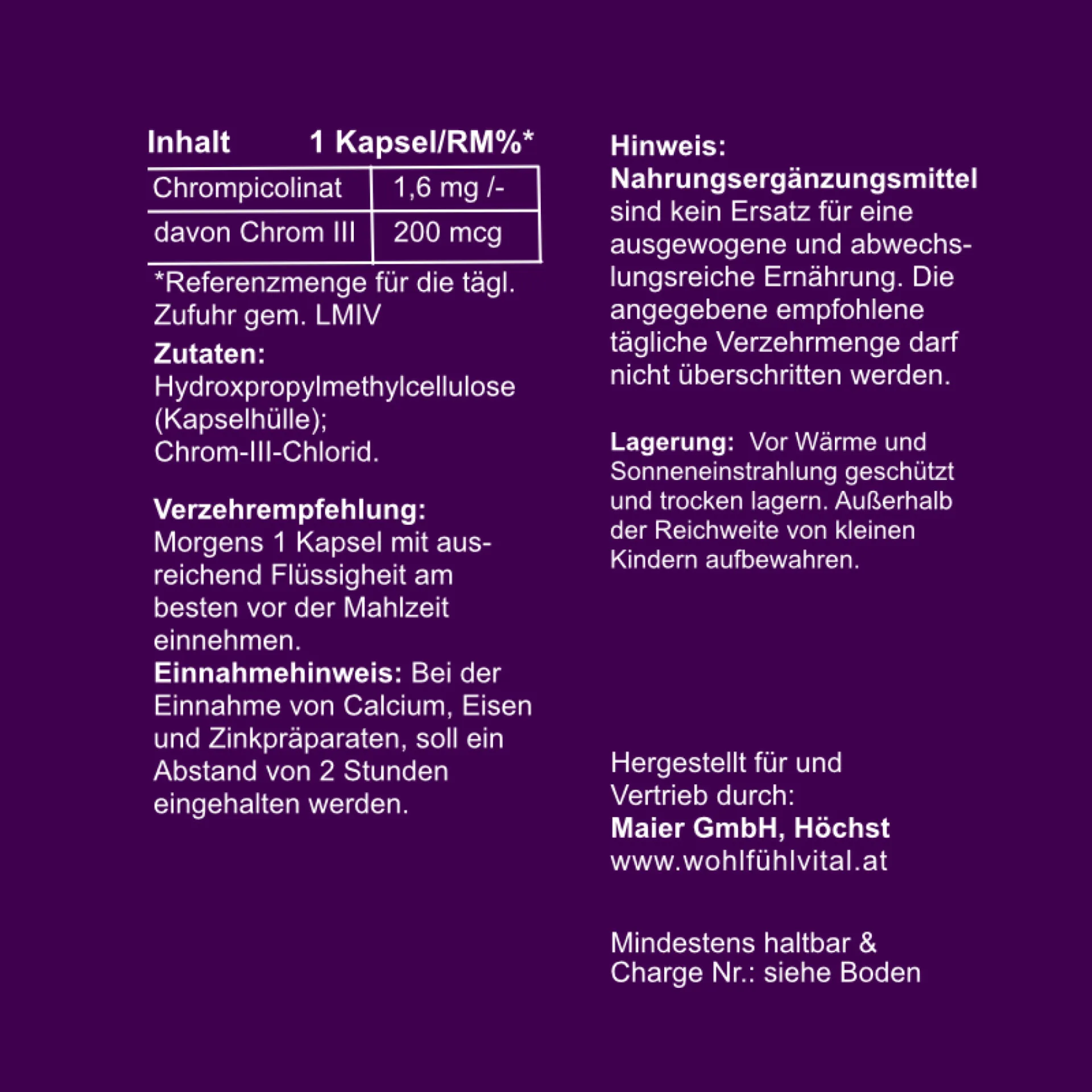 Chrom Picolinat, Chrom III 200 mcg, 120 VKapseln Nachfüllpackung, von Wohlfühl Vital®