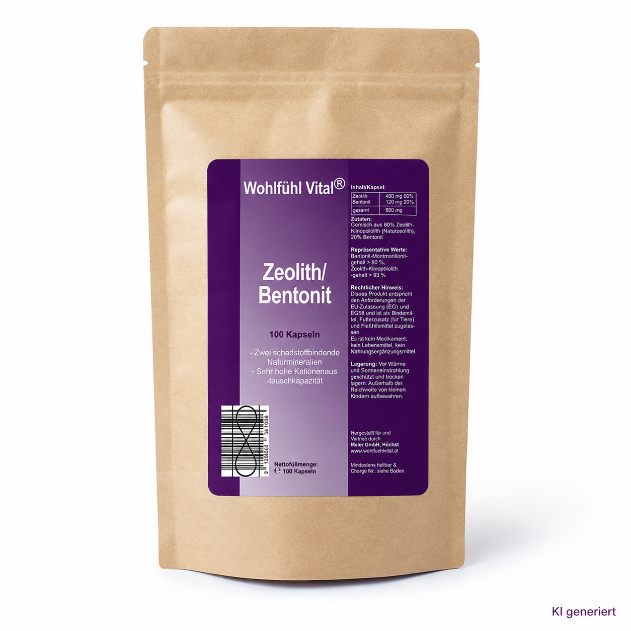 Zeolith/Bentonit 600 mg, 100 Kapseln, von Wohlfühl Vital