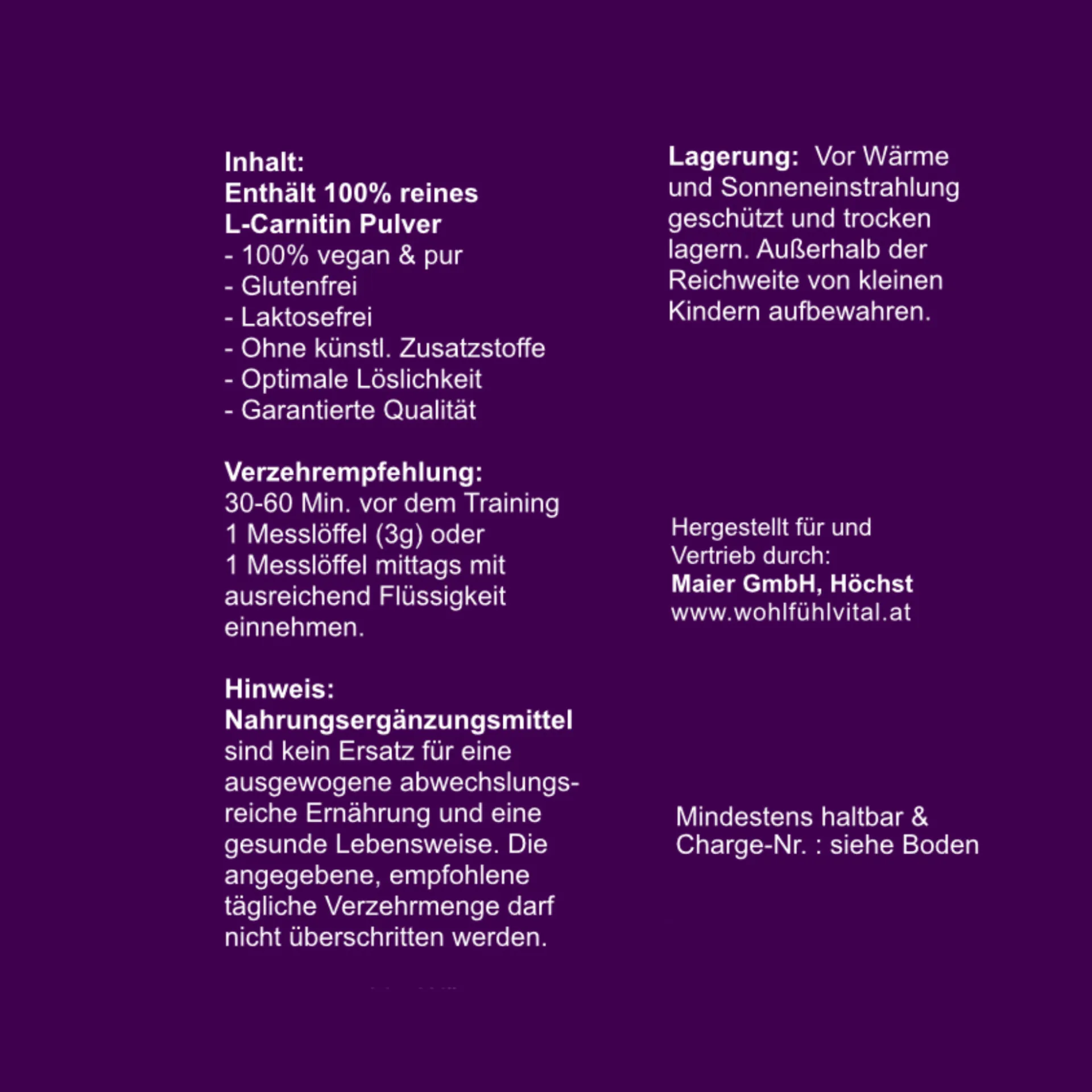 L-Carnitin, Pulver, 100 g, von Wohlfühl Vital®