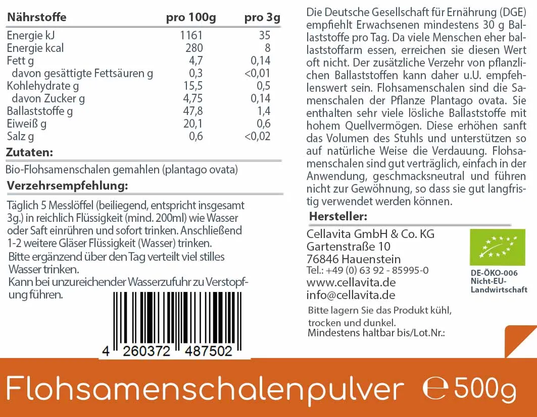 Flohsamenschalenpulver BIO, gemahlen, 500 g, von Cellavita