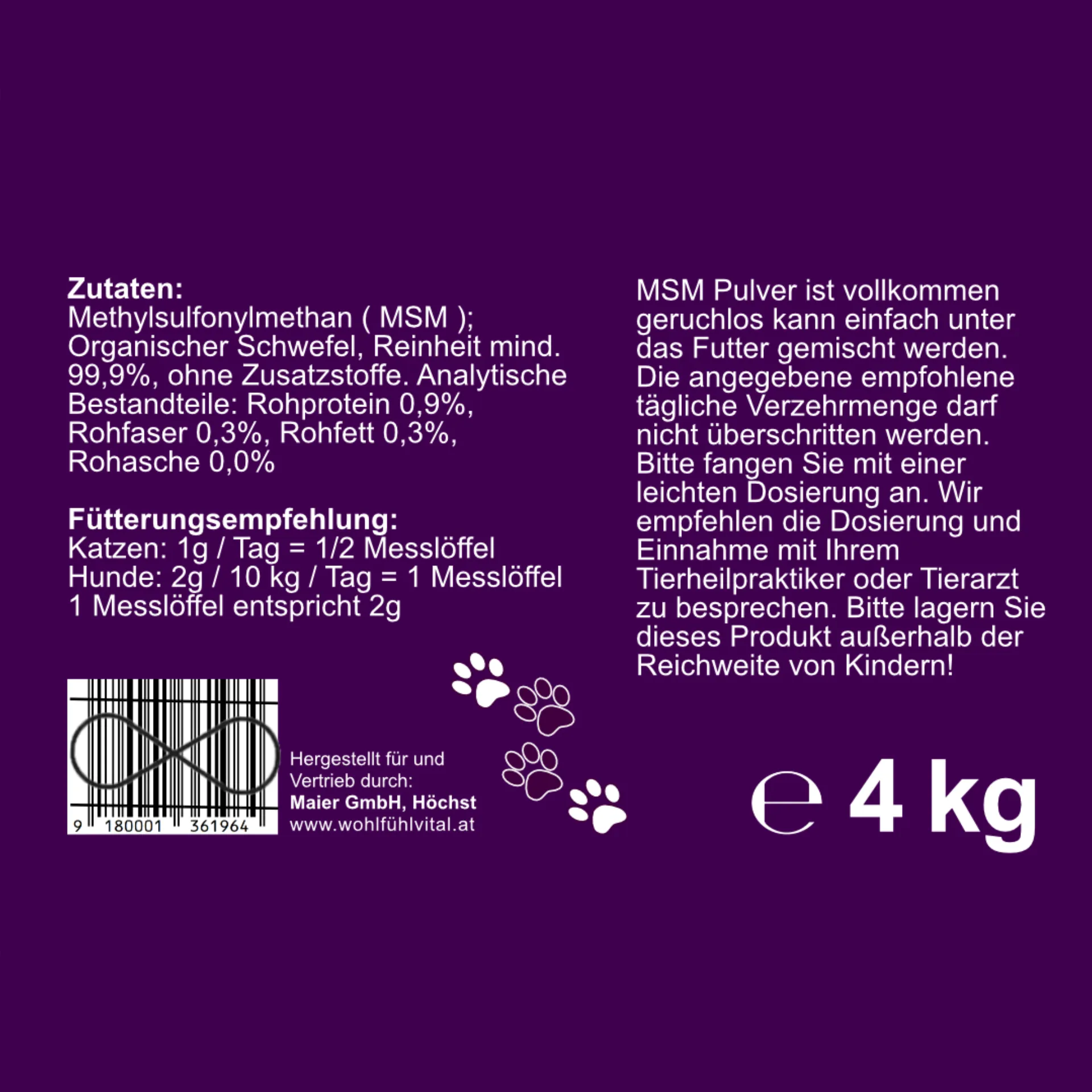 MSM für Tiere, 4 kg Dose, von Wohlfühl Vital®