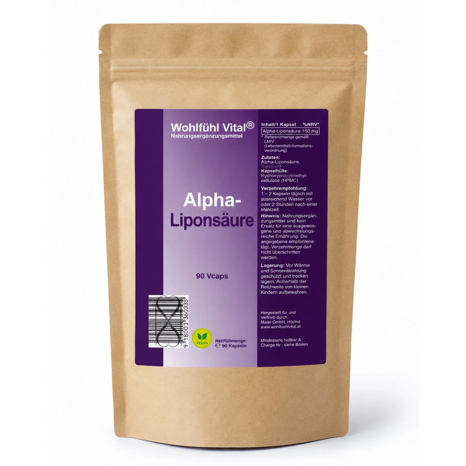 Alpha Liponsäure, 150 mg, 90 vegane Kapseln Nachfüllpackung, von Wohlfühl Vital®