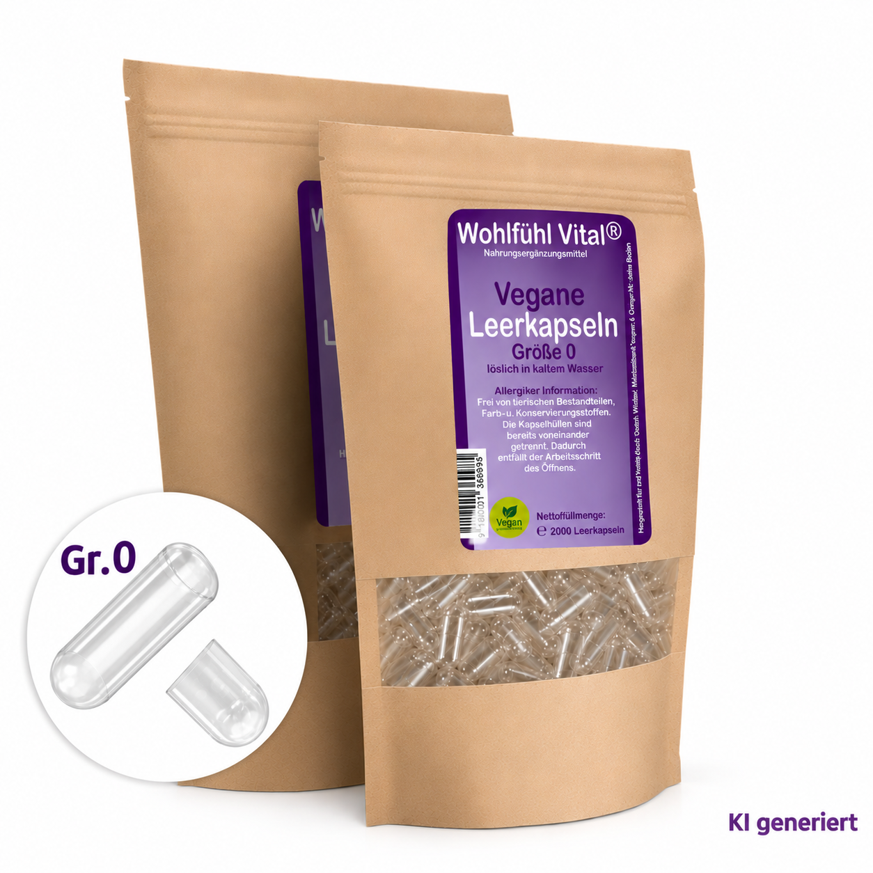 Vegane Leerkapseln, Größe 0, 100% Vegan, 2.000 Stück, von Wohlfühl Vital®