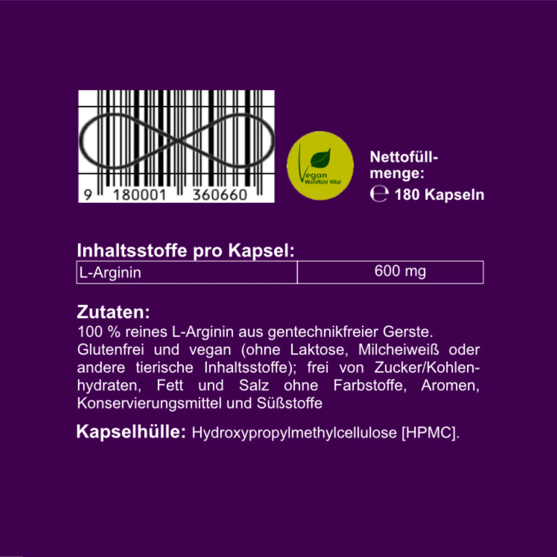 L-Arginin 600 mg, 180 Kapseln im Glas, von Wohlfühl Vital®