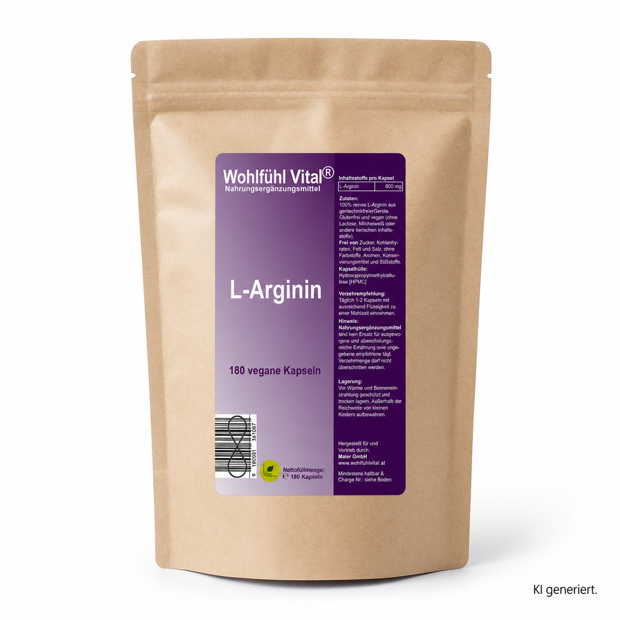 L-Arginin 600 mg, 180 vegane Kapseln Nachfüllpackung, von Wohlfühl Vital®