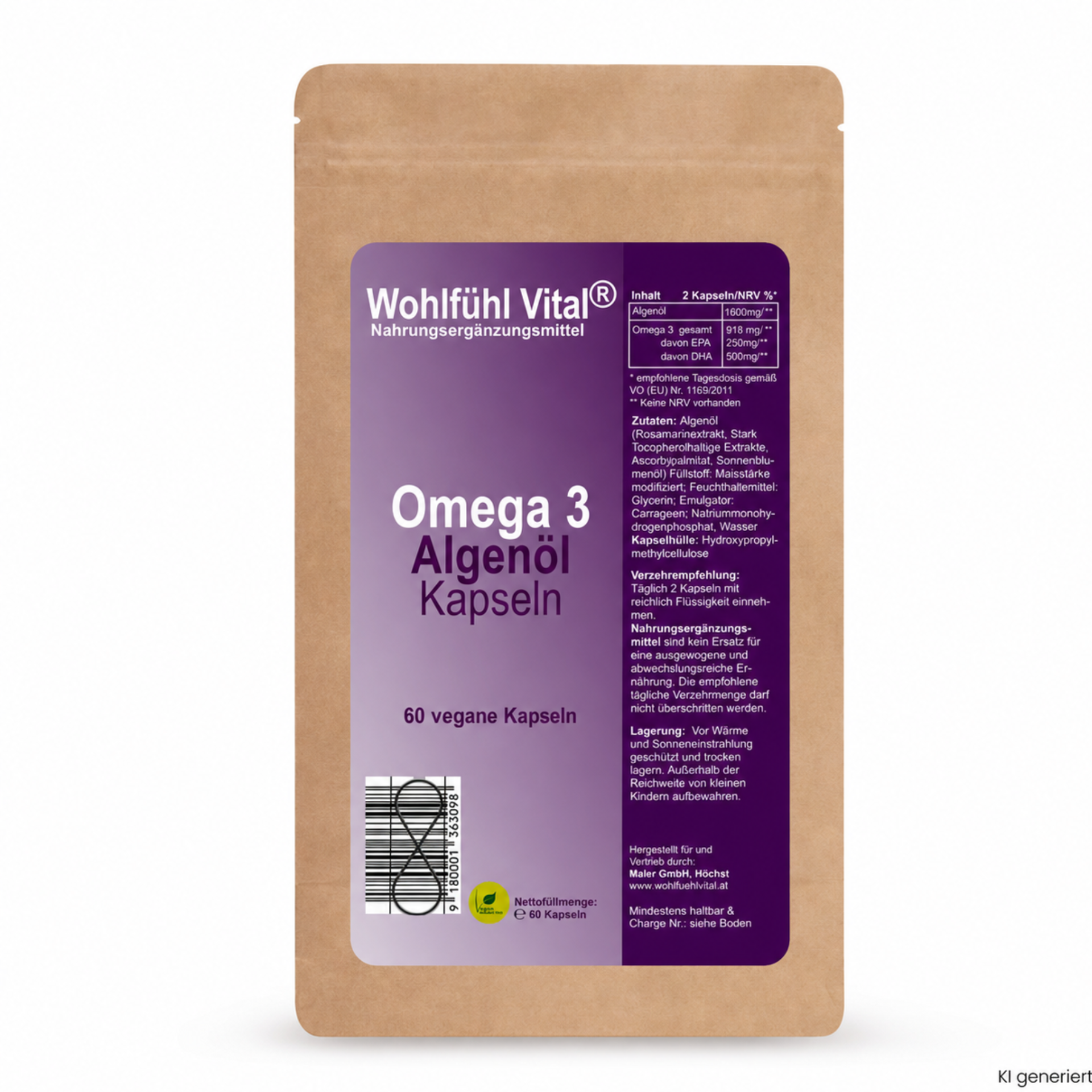 Omega-3 Algenöl, 60 vegane Kapseln Nachfüllpackung, von Wohlfühl Vital®