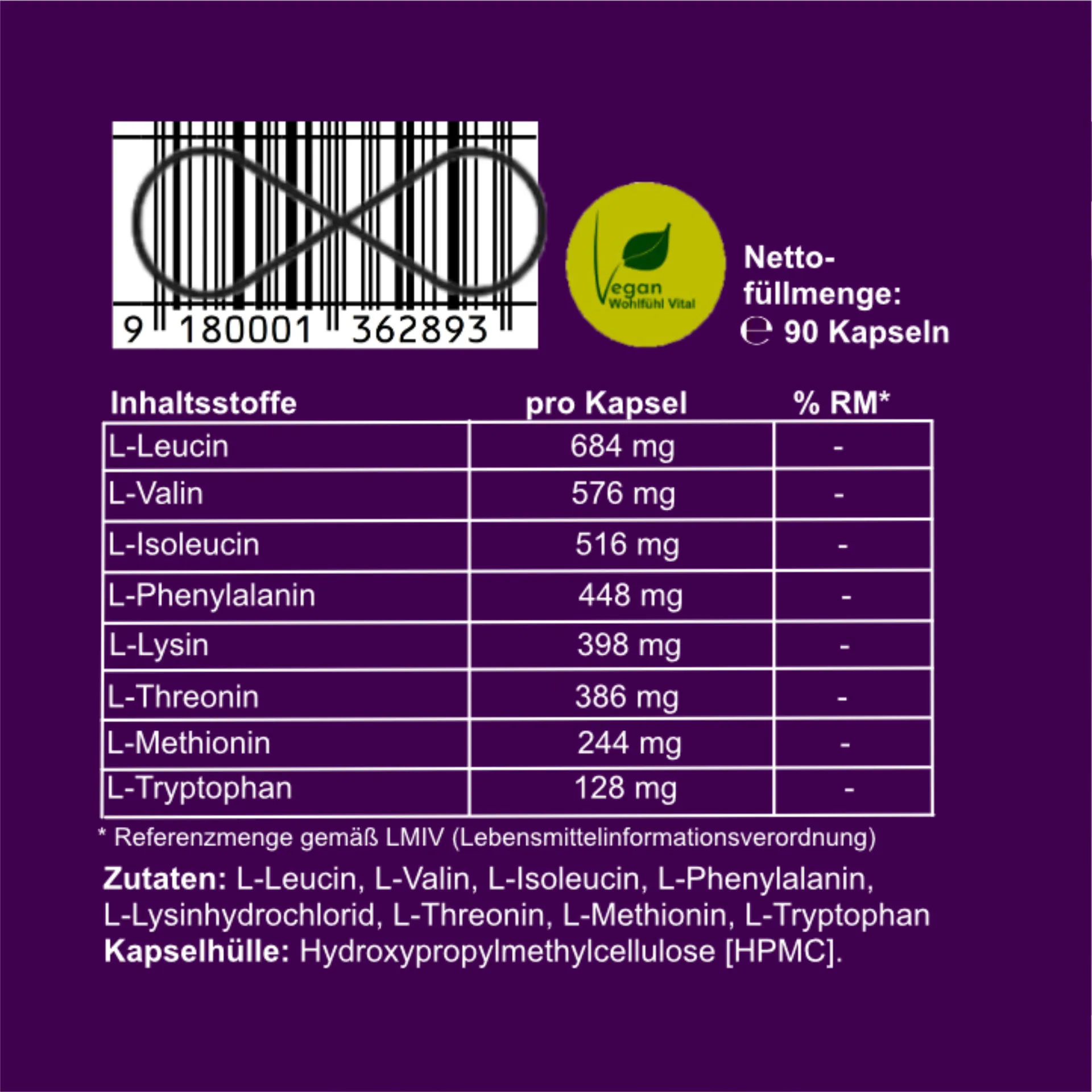 Amino Kraft, 90 Kapseln im Glas, vegan, von Wohlfühl Vital®